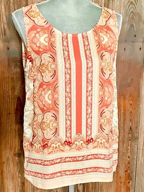 Cynthia Rowley Tapestry Print Sleeveless Blouse Medium Orange Boho Button Back